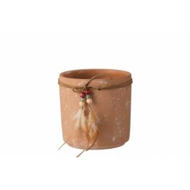 Hnedý keramický kvetináč s pierkami - 13,5 * 13,5 * 13,5 cm J-Line by Jolipa