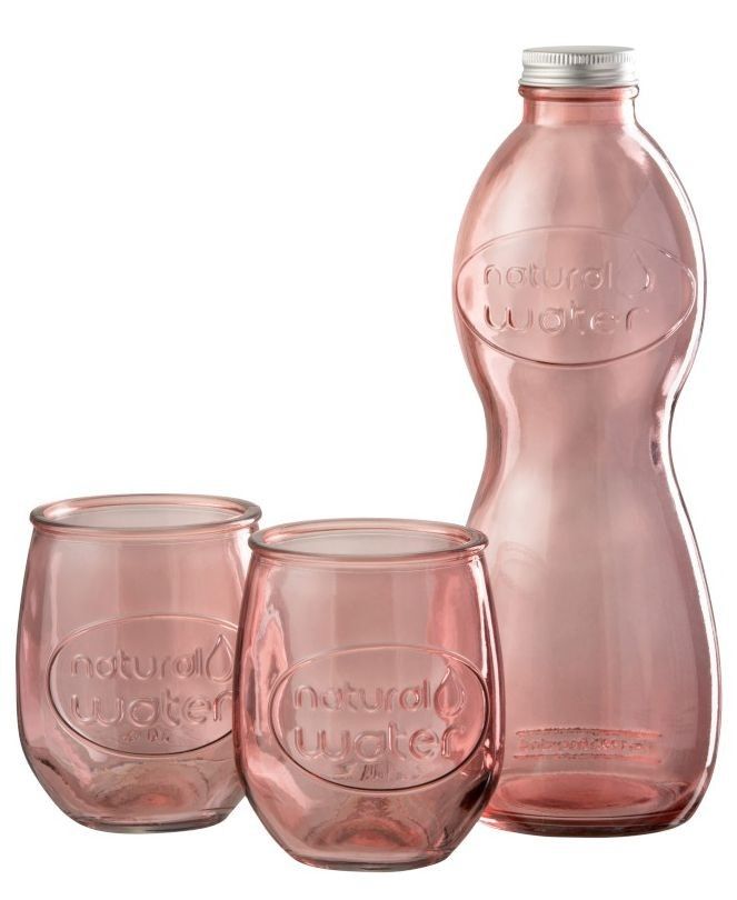 Růžová skleněná láhev a 2skleničky Natural - Ø 10*26cm J-Line by Jolipa - LaHome - vintage dekorace