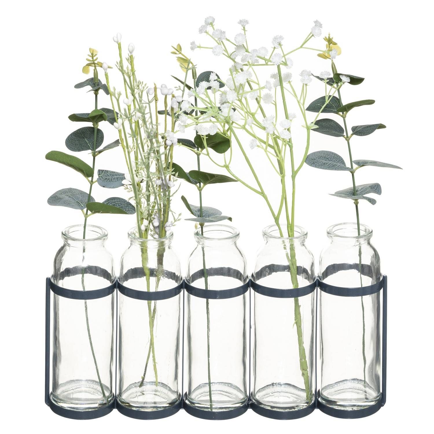 Atmosphera Skleněné vázy v kovovém stojanu s umělými květinami, zelená barva - EMAKO.CZ s.r.o.