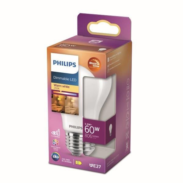 Philips 8719514323858 LED žárovka 5,9W/60W | E27 | 806lm | 2200-2700K | A60 - stmívatelná, WarmGlow - Svítidla FEIM