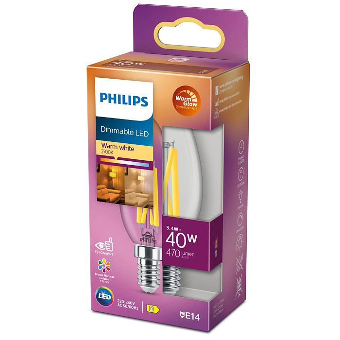 Philips 8719514324213 LED filamentová žárovka 3,4W/40W | E14 | 470lm | 2200-2700K | B35 - stmívatelná, WarmGlow - Svítidla FEIM