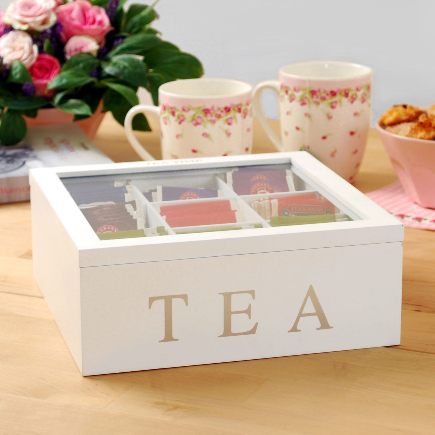 Home Styling Collection Dřevěná krabička na čaj TEA, 9 přihrádek - bílá - EMAKO.CZ s.r.o.