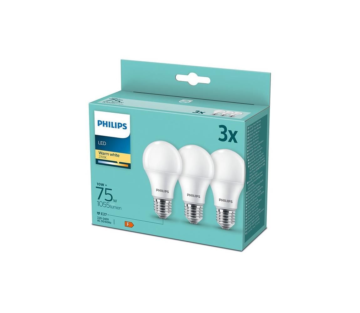 Philips LED sada žárovek 3x10W-75W E27 1055lm 2700K set 3ks, bílá -  Svět-svítidel.cz