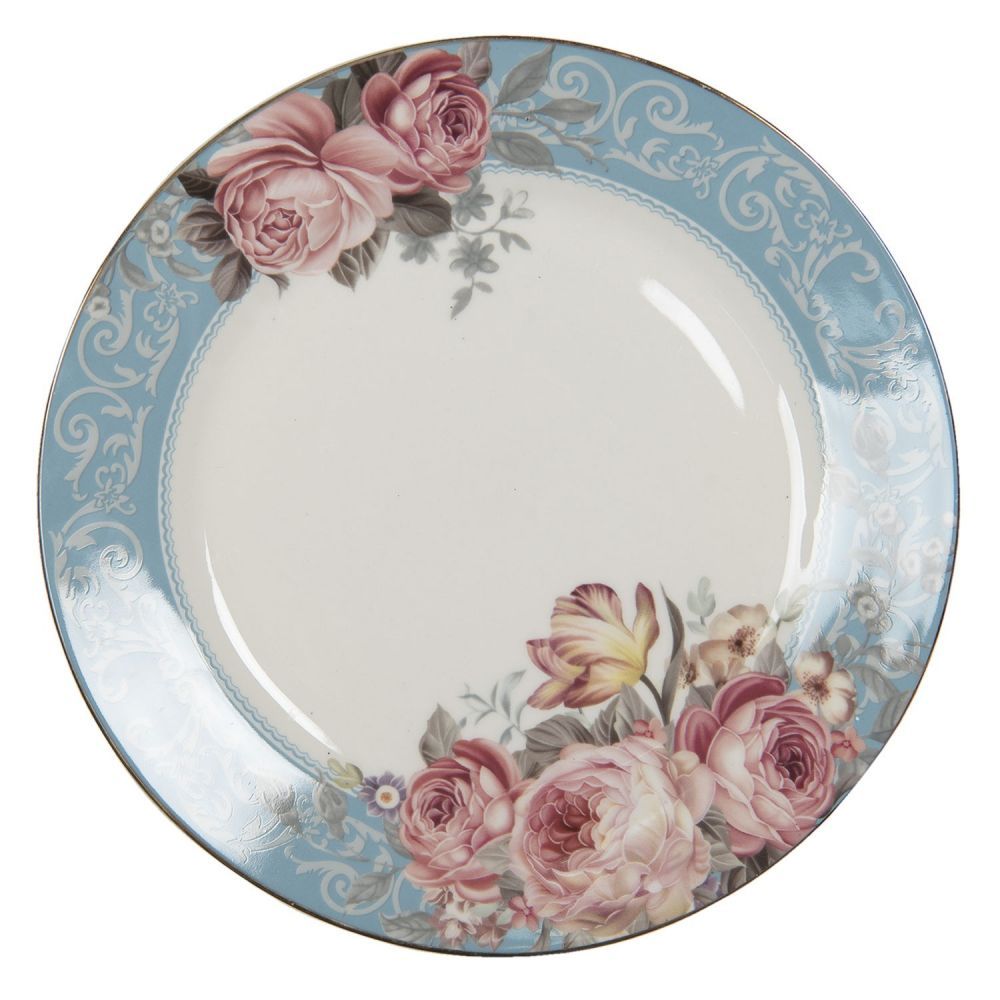 Porcelánový jídelní talíř se zlatou linkou Peony Rosé - Ø 26*2 cm Clayre & Eef - LaHome - vintage dekorace