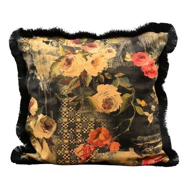 Černý sametový polštář s květy a třásněmi Dans - 45*45cm Exner - LaHome - vintage dekorace