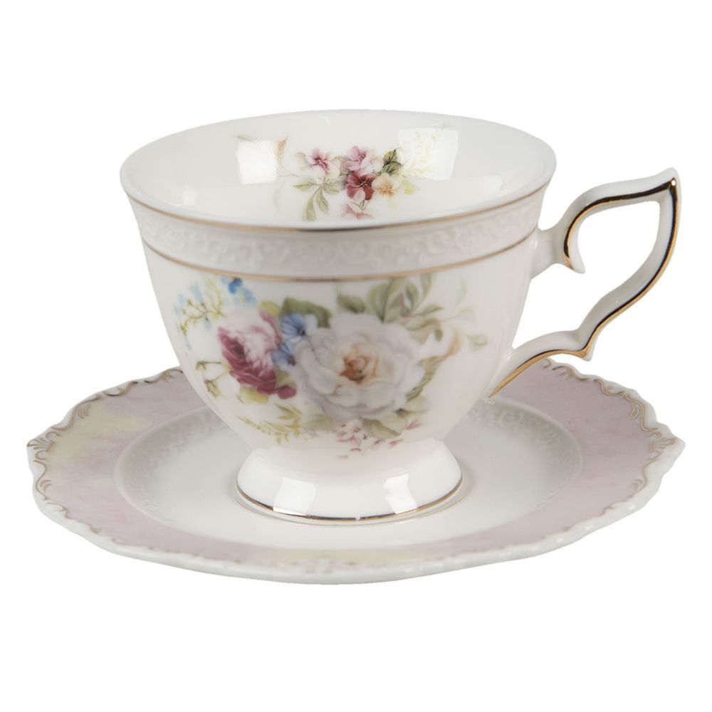 Porcelánový květovaný šálek s podšálkem - 12*9*7 / 14*14*2 cm / 200 ml Clayre & Eef - LaHome - vintage dekorace