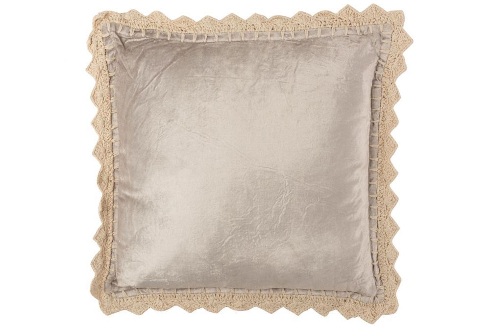 Stříbrný sametový polštář s háčkovanou krajkou Border - 45*45cm J-Line by Jolipa - LaHome - vintage dekorace