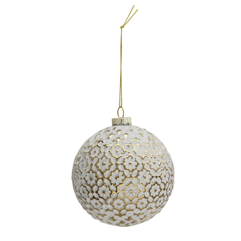 4ks bílo-zlatá vánoční koule s květy - Ø 10cm Clayre & Eef - LaHome - vintage dekorace