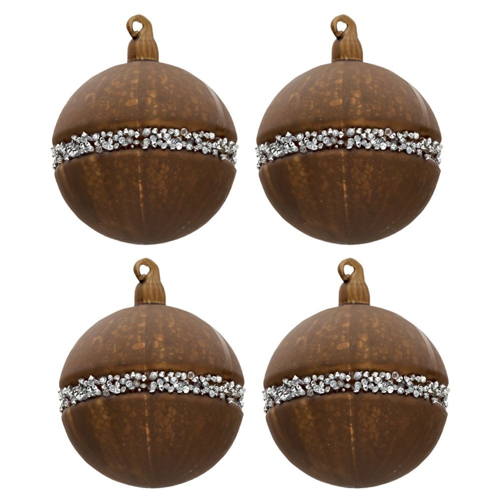 Hnědá vánoční koule se stříbrným zdobením (sada 4ks) - Ø 8 cm Clayre & Eef - LaHome - vintage dekorace