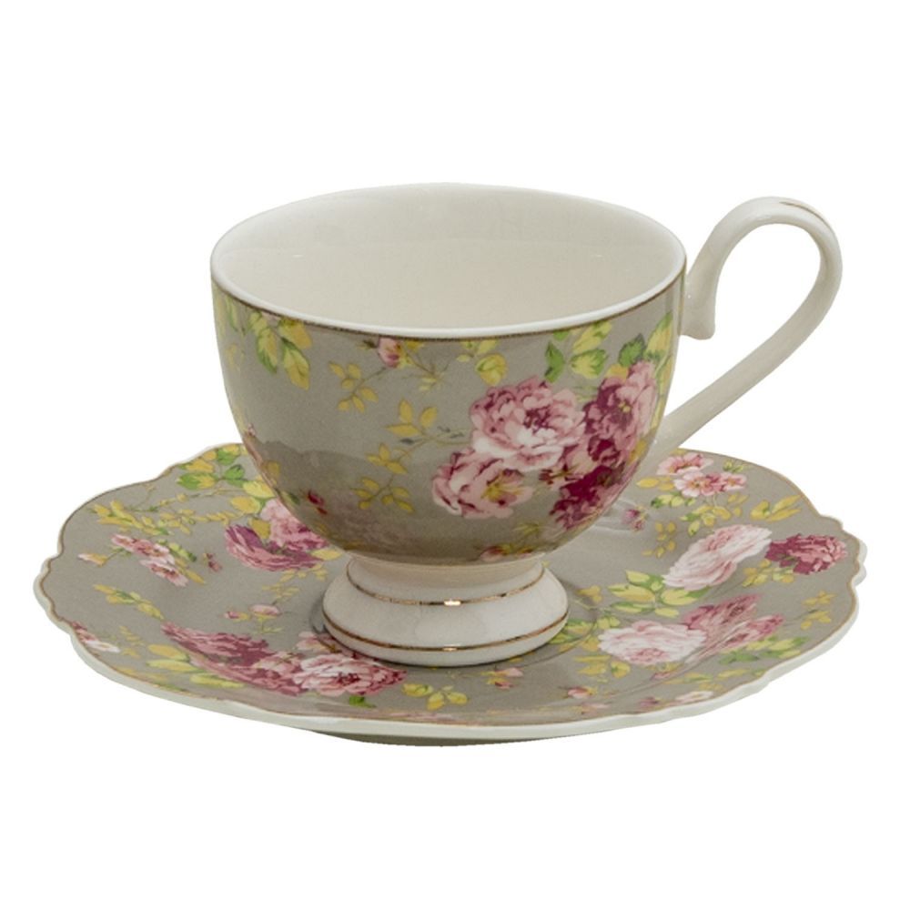 Porcelánový šálek s podšálkem Flowers - Ø 15*2 / 12*8*7 cm / 200 ml Clayre & Eef - LaHome - vintage dekorace