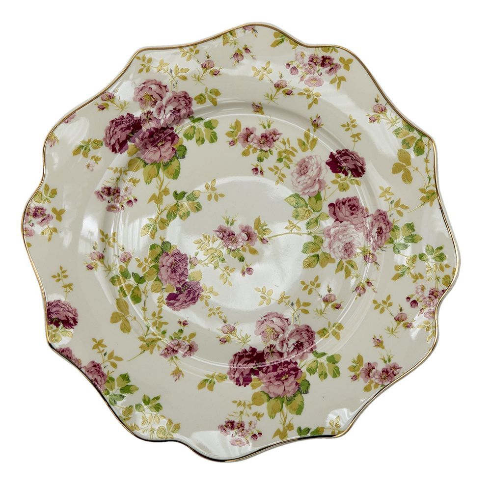 Porcelánový vlněný dezertní talířek s květy - Ø 21*2 cm Clayre & Eef - LaHome - vintage dekorace