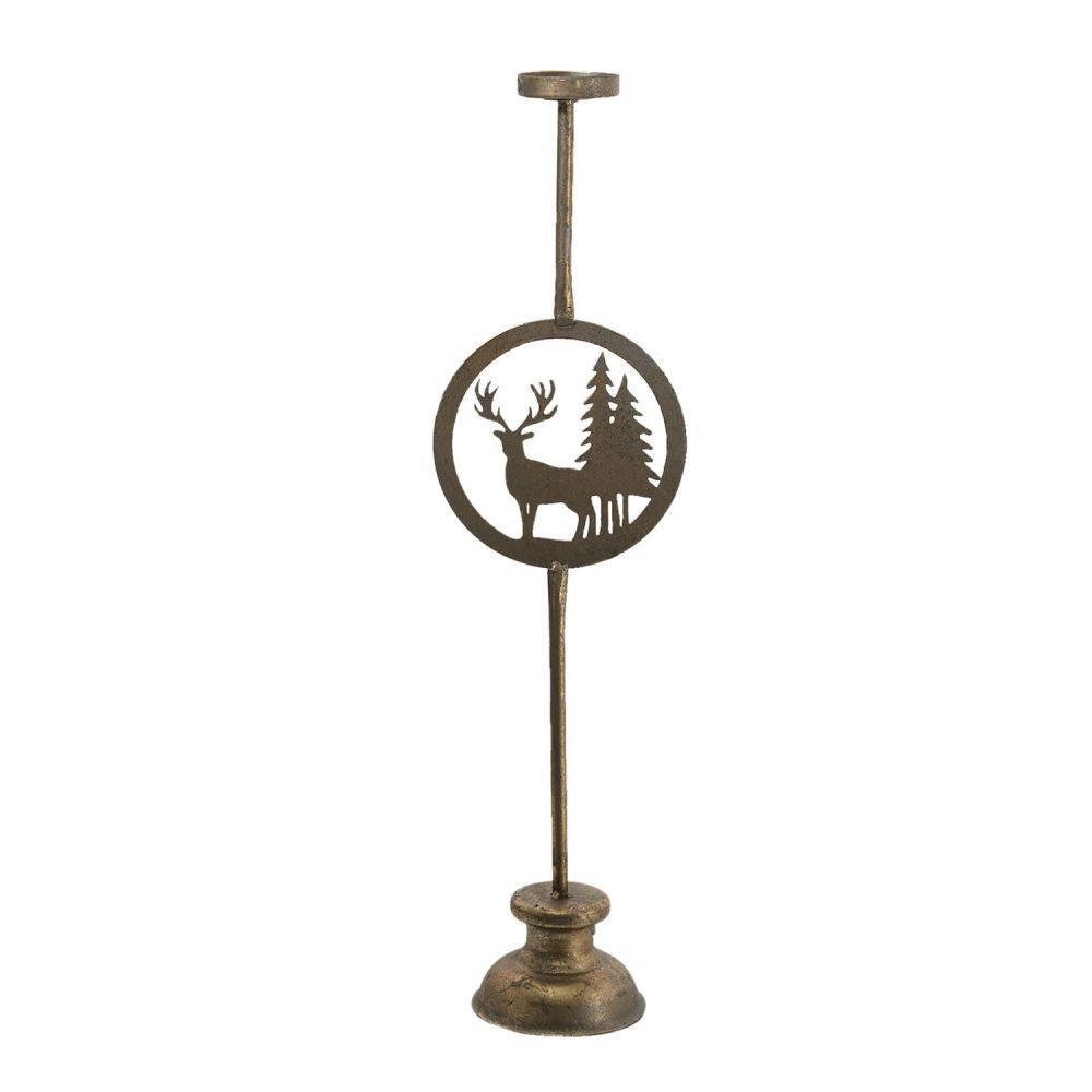 Mosazný antik kovový svícen s jelenem Chris - 13*9*48 cm Clayre & Eef - LaHome - vintage dekorace