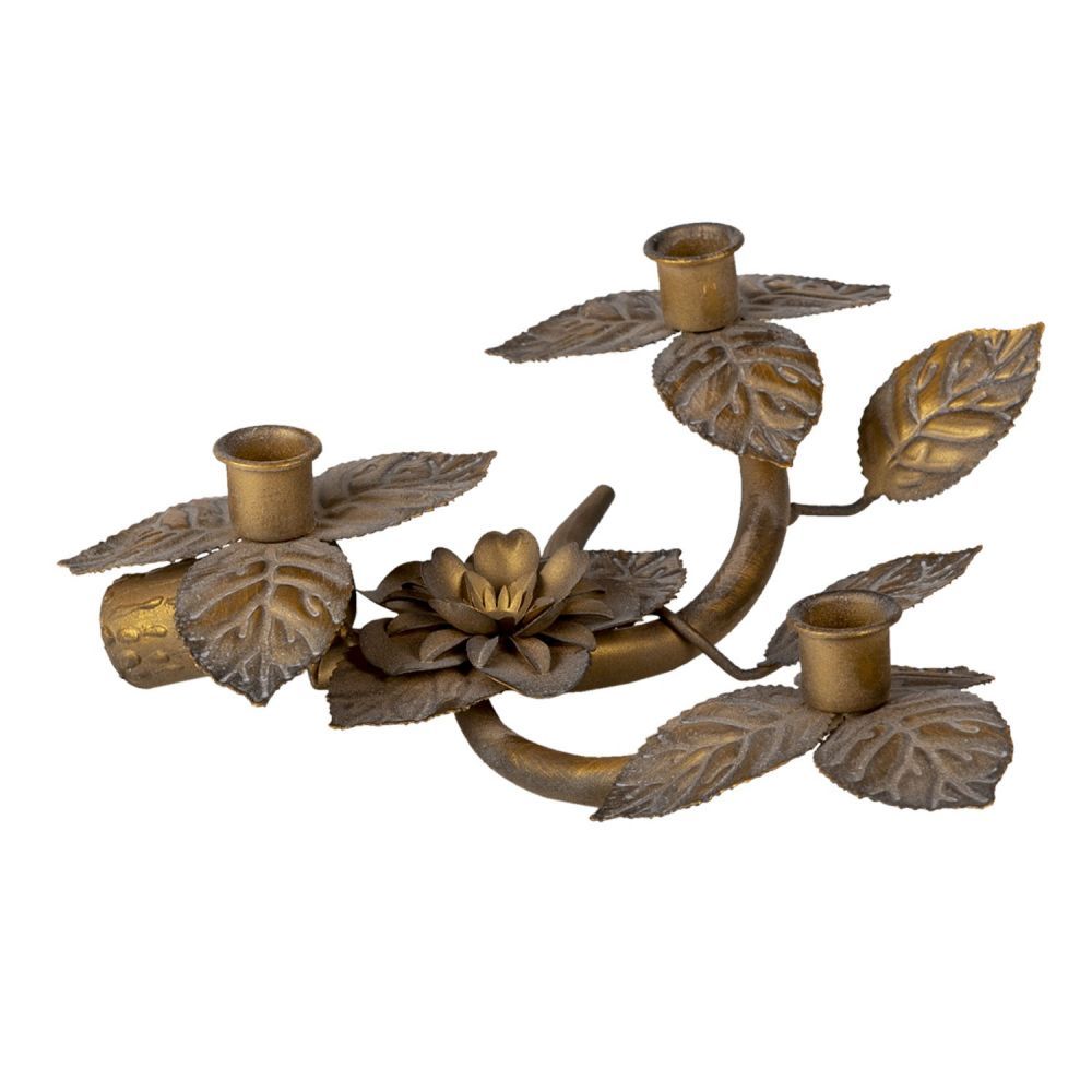 Měděný antik kovový svícen s květy na 3 svíčky - 32*30*10 cm Clayre & Eef - LaHome - vintage dekorace