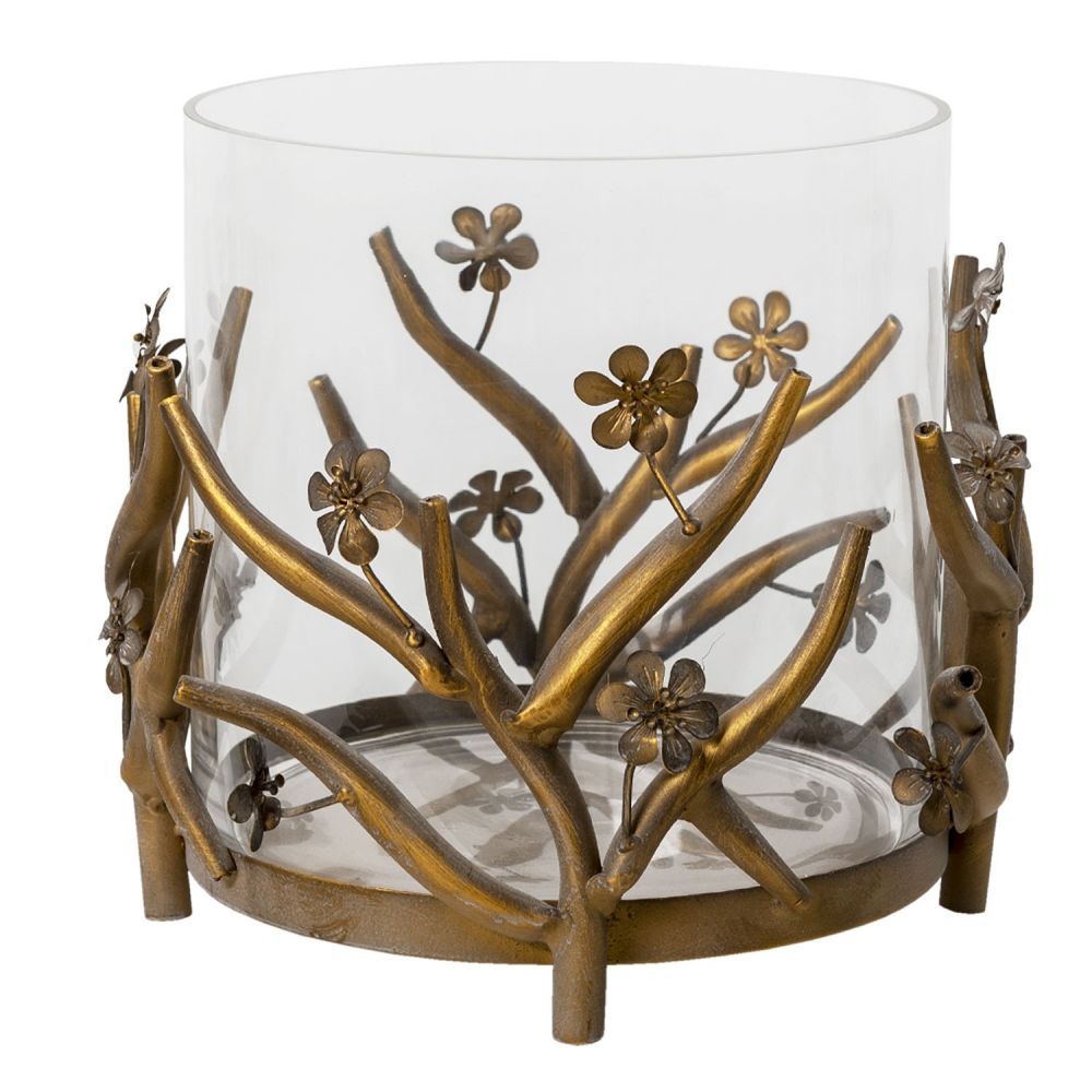 Skleněný svícen s kovovým stojánkem s patinou a květy Marje- Ø 33*28 cm Clayre & Eef - LaHome - vintage dekorace