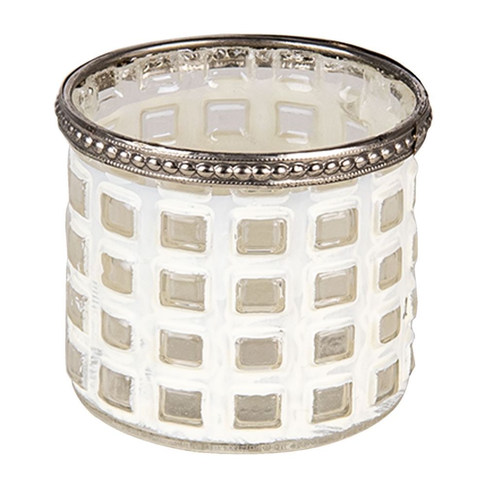 Bílý skleněný zdobený svícen s lemem - Ø 8*7 cm Clayre & Eef - LaHome - vintage dekorace