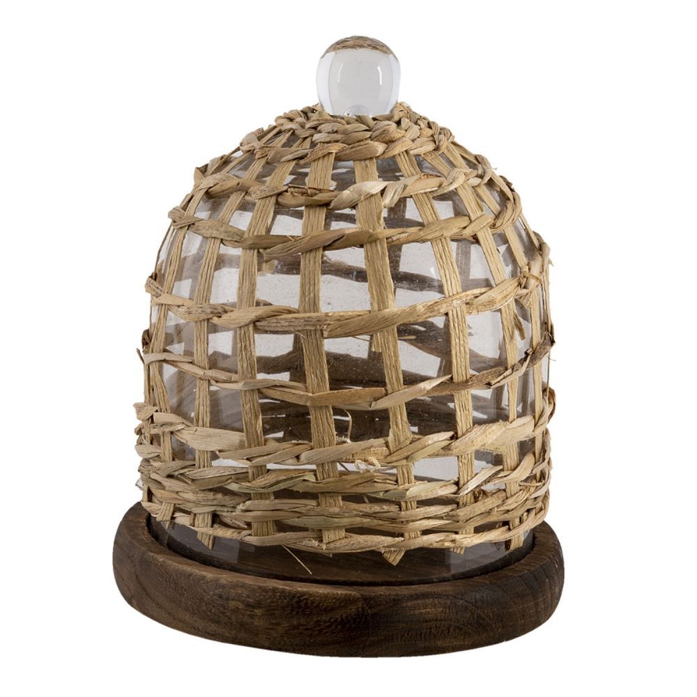 Dřevěný podnos se skleněným poklopem a pleteným potahem - Ø 18*22 cm Clayre & Eef - LaHome - vintage dekorace