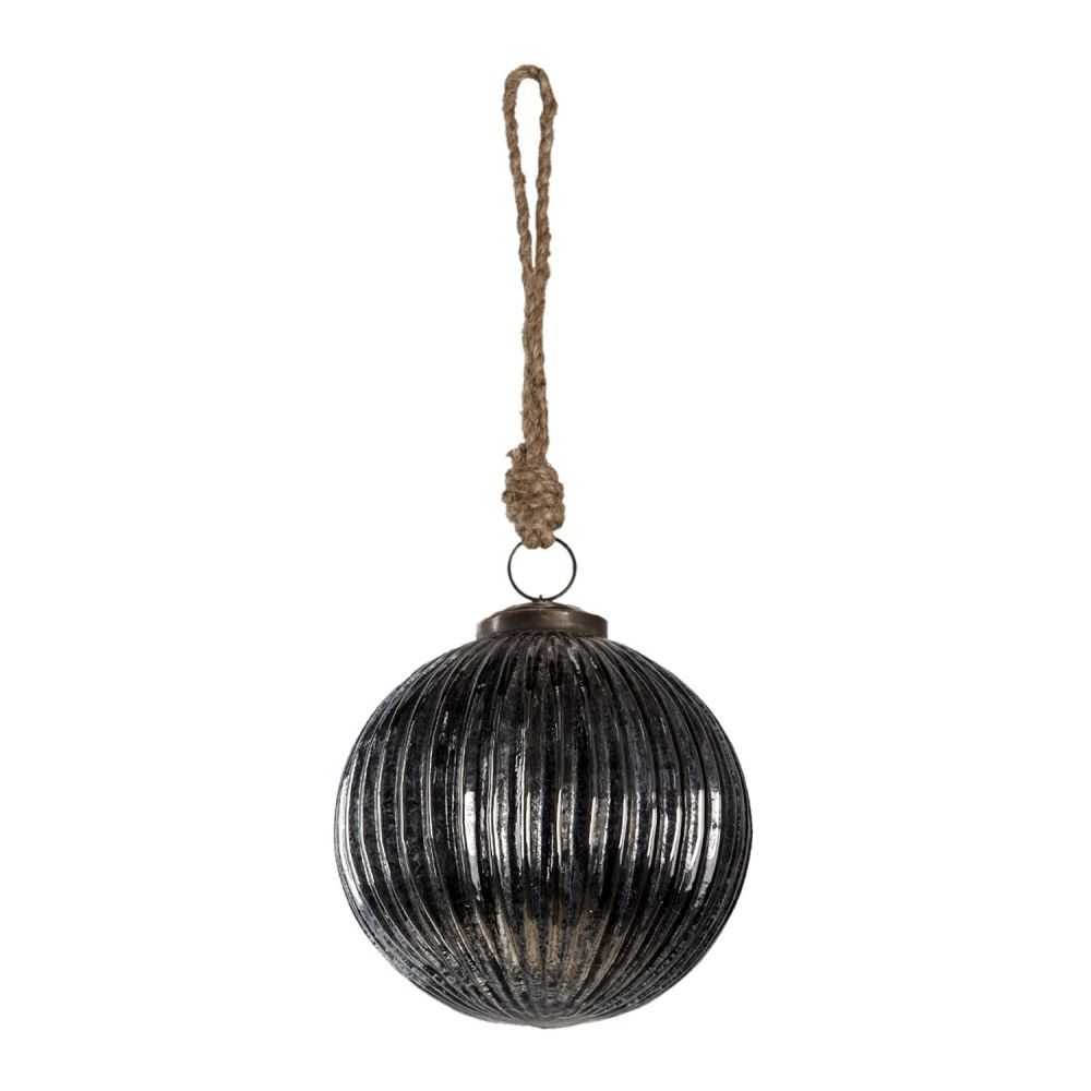Černo stříbrná vánoční koule s žebrováním a patinou - Ø 11*11 cm Clayre & Eef - LaHome - vintage dekorace