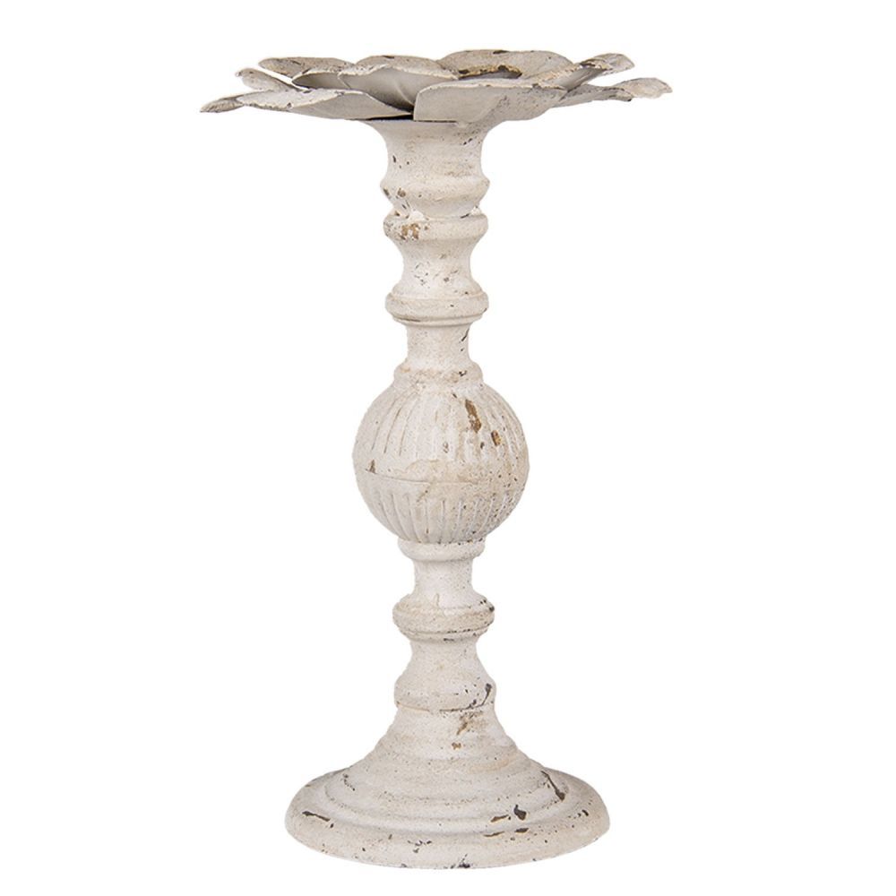 Bílý kovový svícen s okvětními lístky a patinou - Ø 19*34 cm Clayre & Eef - LaHome - vintage dekorace