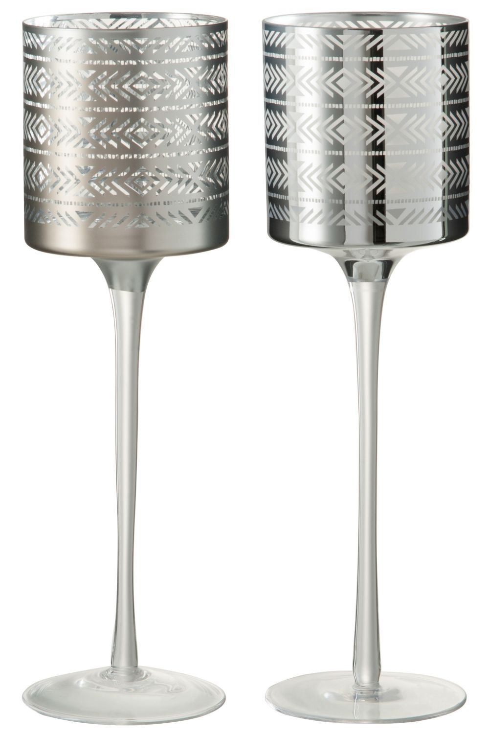 2ks stříbrný skleněný svícen na noze s etnickým vzorem L - 10*10*30 cm J-Line by Jolipa - LaHome - vintage dekorace