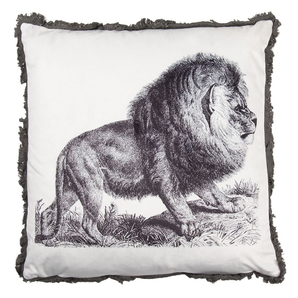 Bílo šedý polštář se lvem a třásněmi - 45*45 cm Clayre & Eef - LaHome - vintage dekorace