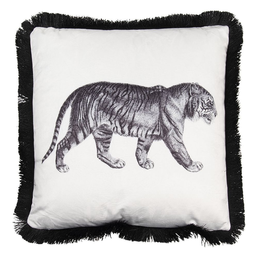 Bílo černý polštář s tygrem a třásněmi - 45*45 cm Clayre & Eef - LaHome - vintage dekorace