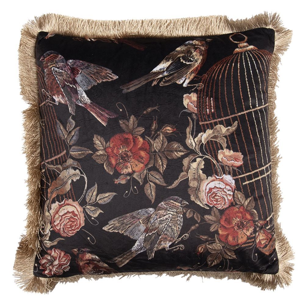 Polštář s motivem květin a ptáků s třásněmi po obvodu - 45*45 cm Clayre & Eef - LaHome - vintage dekorace