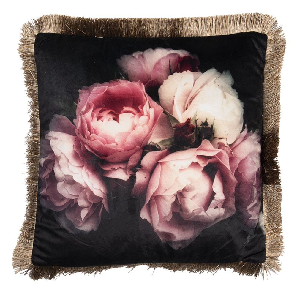 Černý polštář s růžemi a třásněmi - 45*45 cm Clayre & Eef - LaHome - vintage dekorace