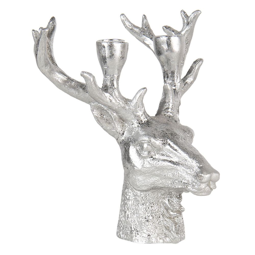 Stříbrný svícen hlava jelena s patinou - 22*21*24 cm Clayre & Eef - LaHome - vintage dekorace