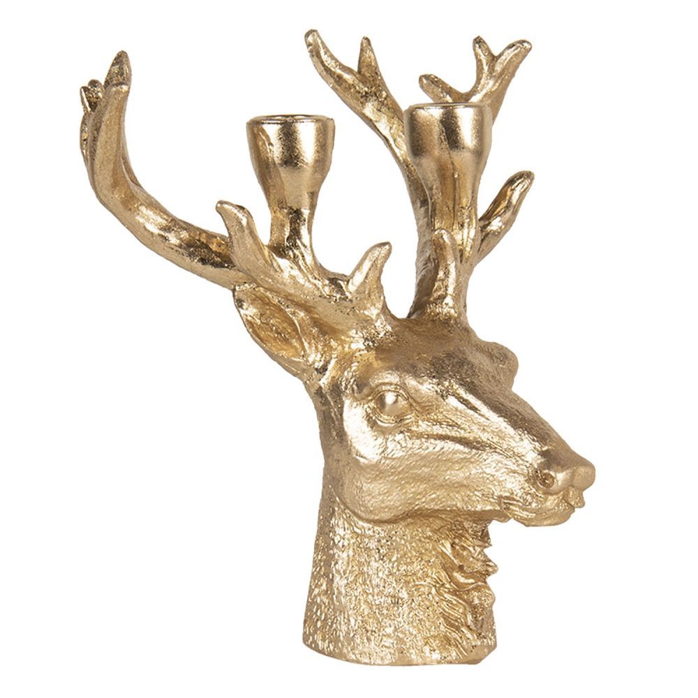 Zlatý svícen hlava jelena s patinou - 22*21*24 cm Clayre & Eef - LaHome - vintage dekorace