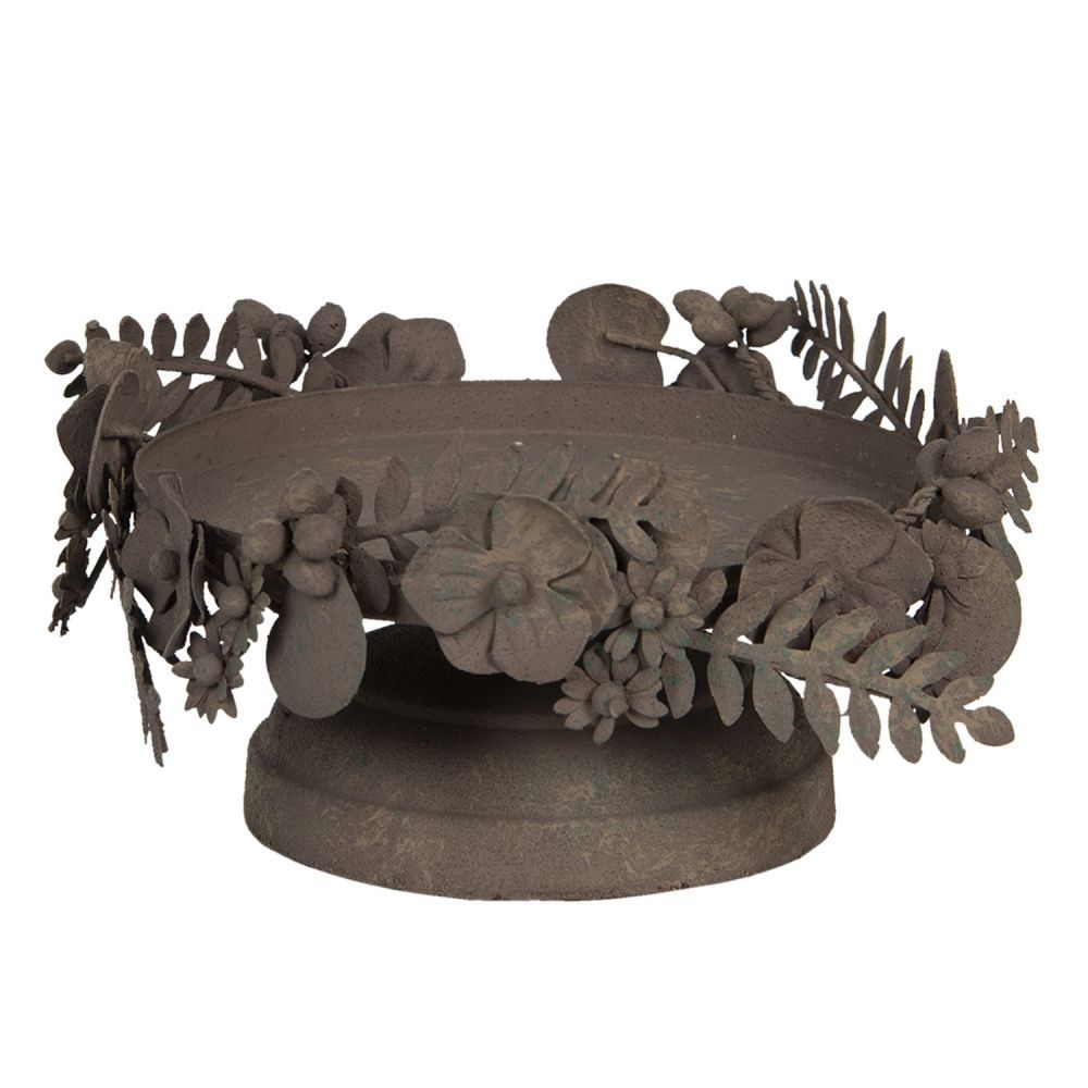 Hnědý kovový svícen s patinou a květy - Ø 21*13 cm Clayre & Eef - LaHome - vintage dekorace