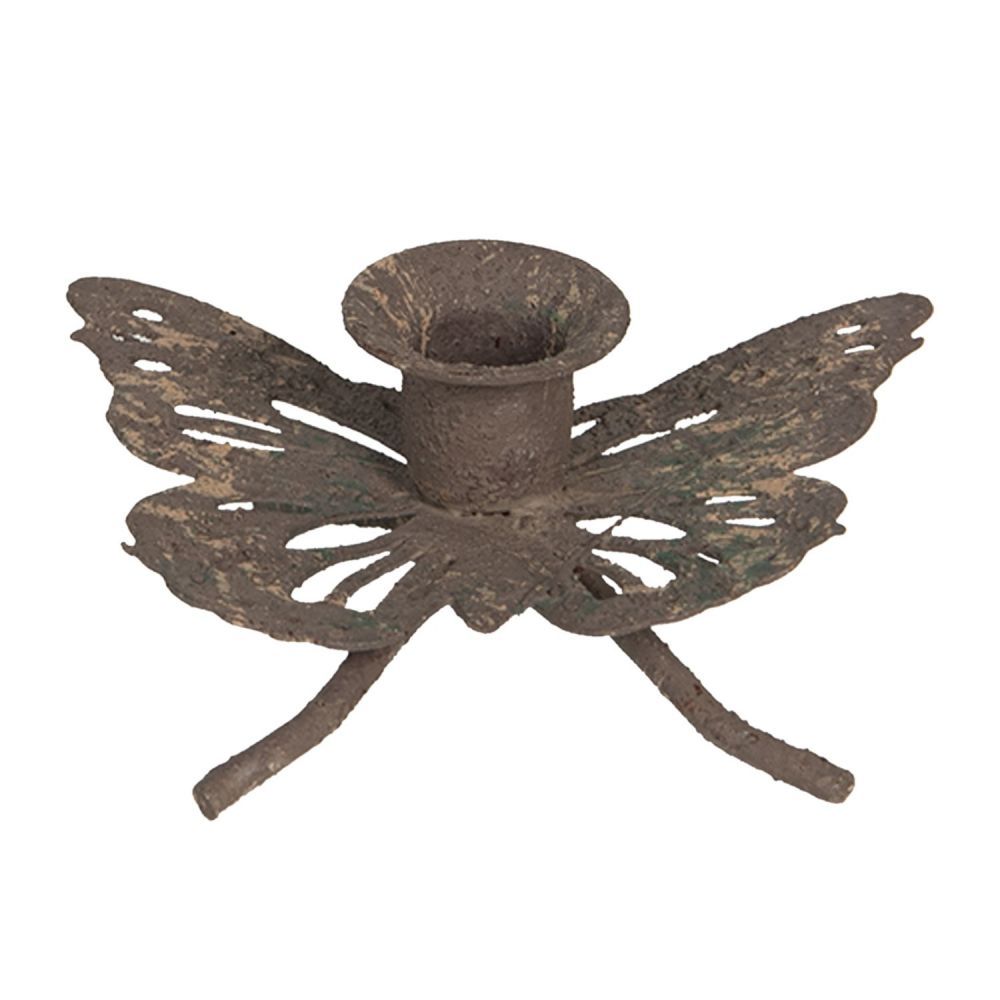 Hnědý kovový svícen s motýlem a patinou - 7*5*3 cm Clayre & Eef - LaHome - vintage dekorace