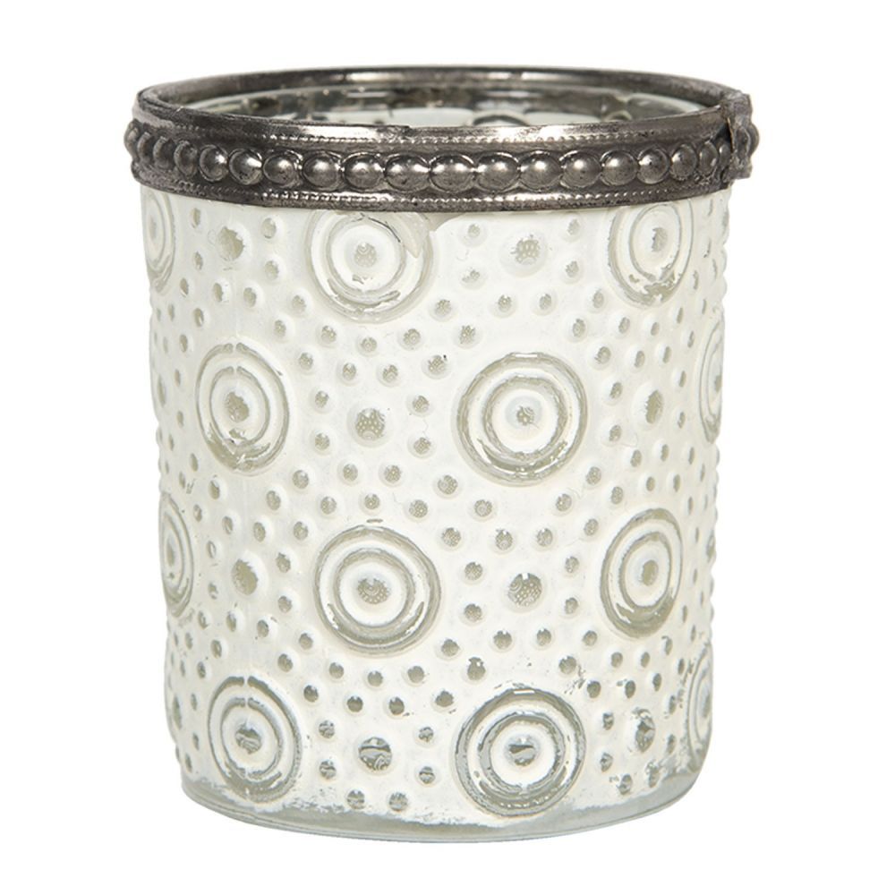 Bílý skleněný svícen s kolečky, patinou a zdobeným hrdlem - Ø 5*6 cm Clayre & Eef - LaHome - vintage dekorace