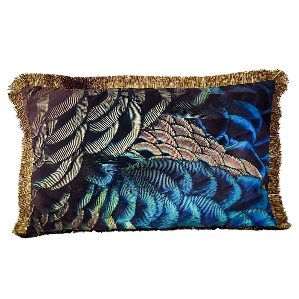 Sametový polštář s pavími pery a třásněmi - 40*60*10cm Mars & More - LaHome - vintage dekorace
