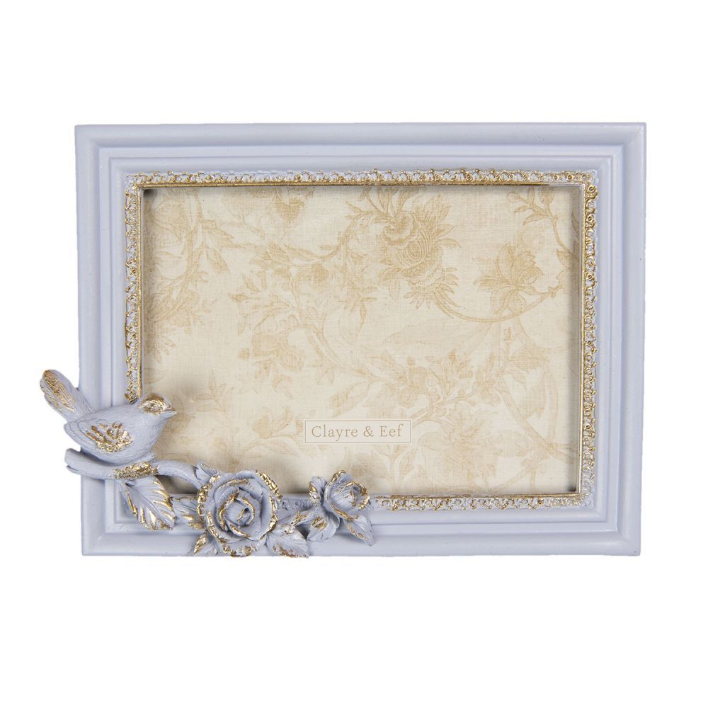 Šedo-zlatý vintage fotorámeček s ptáčkem a růžemi - 23*3*17 cm / 18*13 cm Clayre & Eef - LaHome - vintage dekorace