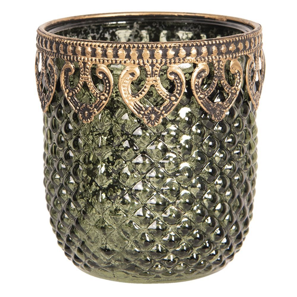 Zeleno zlatý skleněný svícen s patinou Tealight - 8*9 cm Clayre & Eef - LaHome - vintage dekorace