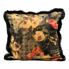 Černý sametový polštář s květy a třásněmi Dans - 45*45cm Exner LaHome - vintage dekorace