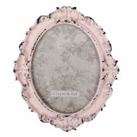Růžový oválný fotorámeček s úmyslným odřením - 17*2*20 cm / 12*15 cm Clayre & Eef LaHome - vintage dekorace