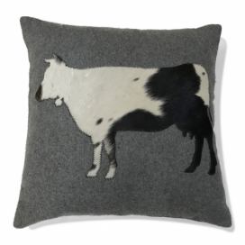 Šedý vlněný polštář s krávou z hovězí kůže / bílo,černá - 45*45*10cm Mars & More LaHome - vintage dekorace