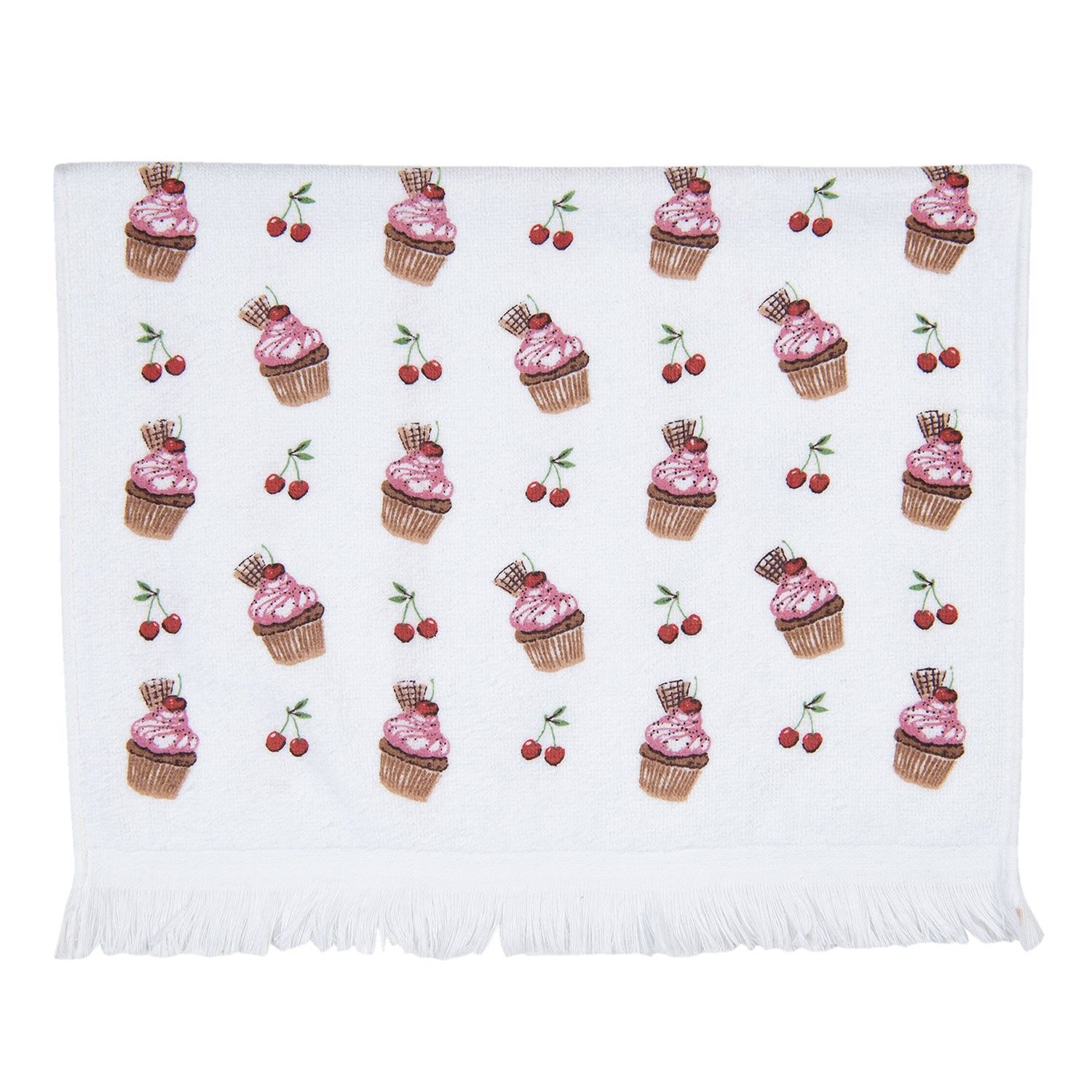 Bílý kuchyňský froté ručník s dortíčky Cherry Cupcake - 40*66 cm Clayre & Eef - LaHome - vintage dekorace