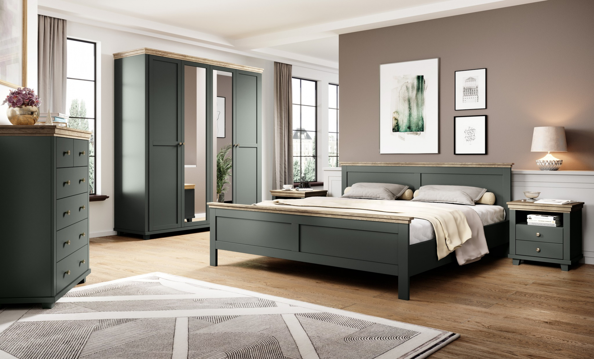Ložnice se zelenou postelí - MONTI nábytek