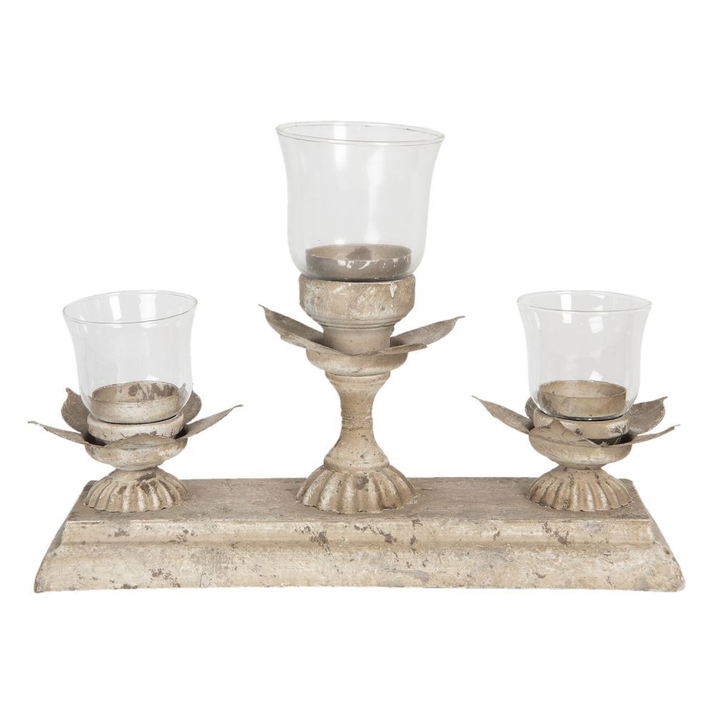Kovový  šedý svícen na 3 čajové svíčky Floraison - 36*12*25 cm Clayre & Eef - LaHome - vintage dekorace