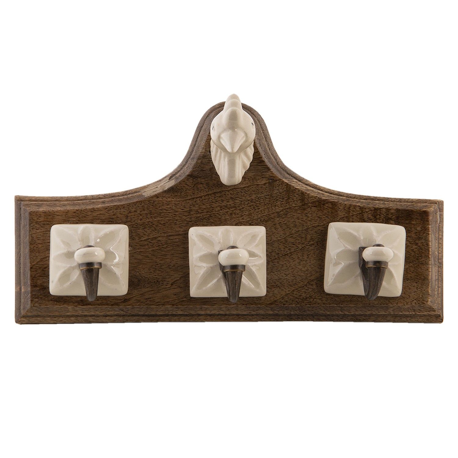 Nástěnný dřevěný věšák s keramickými háčky a slepičkou - 28*8*18 cm Clayre & Eef - LaHome - vintage dekorace