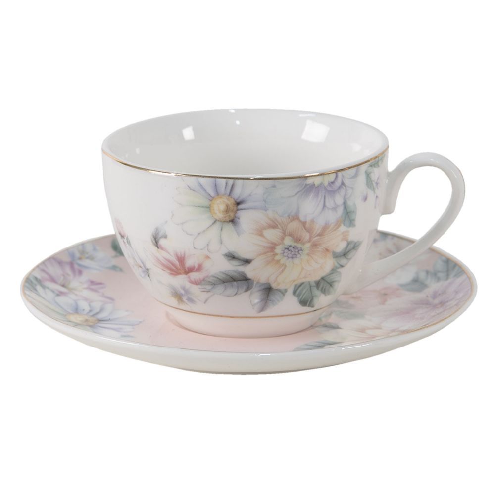 Porcelánový šálek s podšálkem s květinami Flowers - Ø 10*6 / Ø 15*2 cm / 250 ml Clayre & Eef - LaHome - vintage dekorace