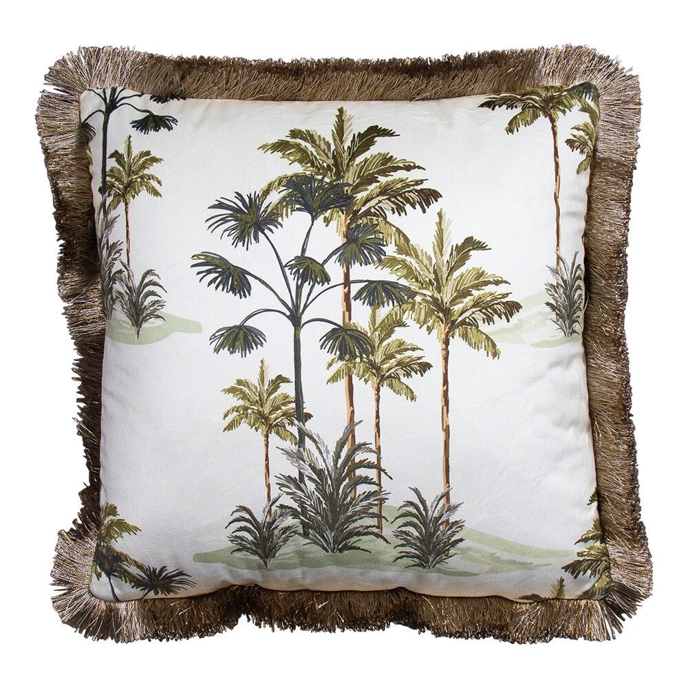 Sametový krémový polštář s palmami a třásňovitým okrajem - 45*45*10cm Mars & More - LaHome - vintage dekorace