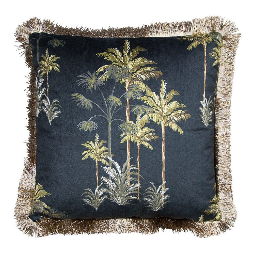 Černý sametový polštář s palmami a třásňovitým lemem - 45*45*10cm Mars & More - LaHome - vintage dekorace