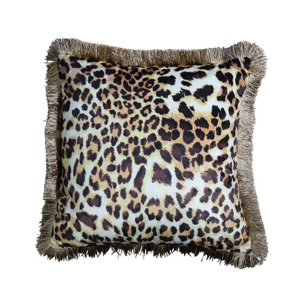 Sametový polštář s motivem leopardí kůže a zlatými třásněmi - 45*45*10cm Mars & More - LaHome - vintage dekorace