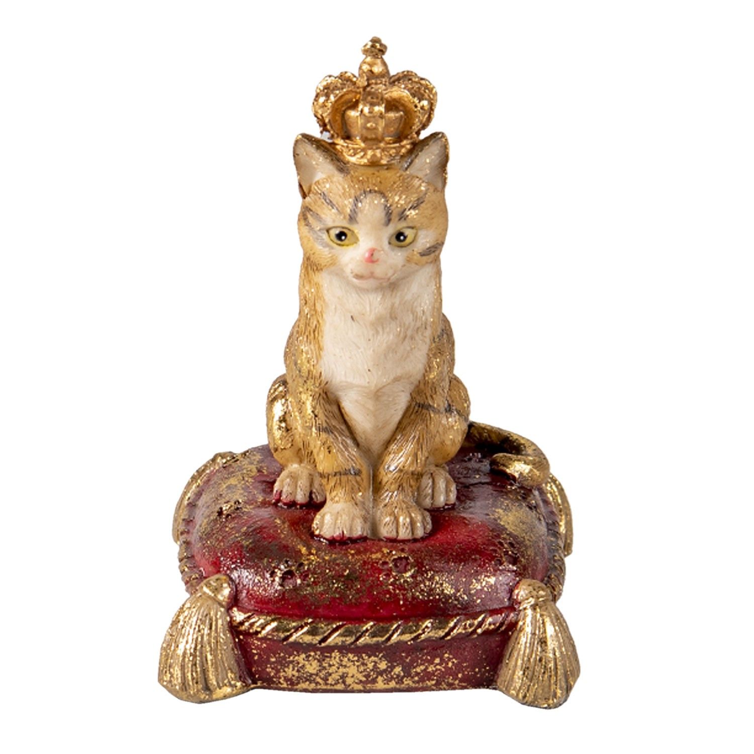 Dekorativní soška kočky s korunou na polštáři - 7*6*10 cm Clayre & Eef - LaHome - vintage dekorace