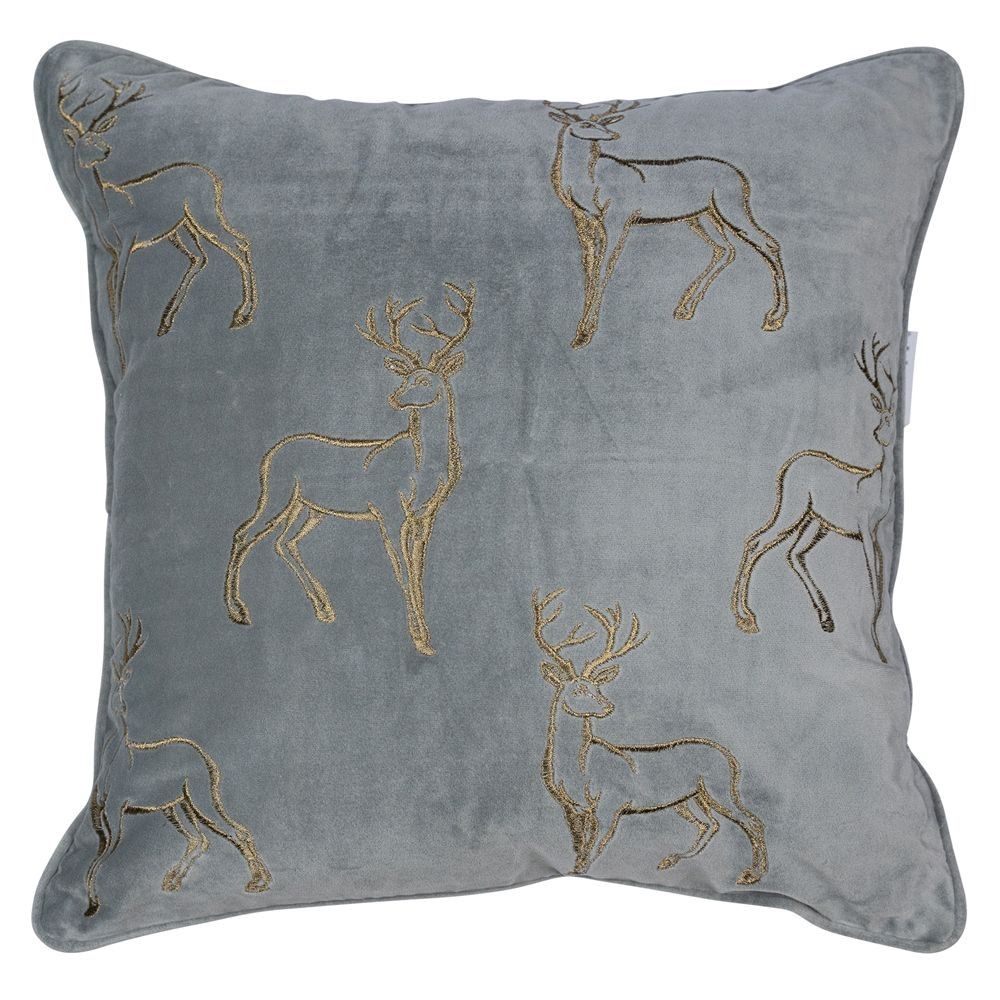 Šedý sametový polštář s měděnými jeleny - 45*45*16cm Mars & More - LaHome - vintage dekorace
