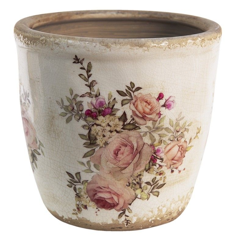 Keramický obal na květináč s růžemi Rosien XL - Ø 16*15 cm Clayre & Eef - LaHome - vintage dekorace