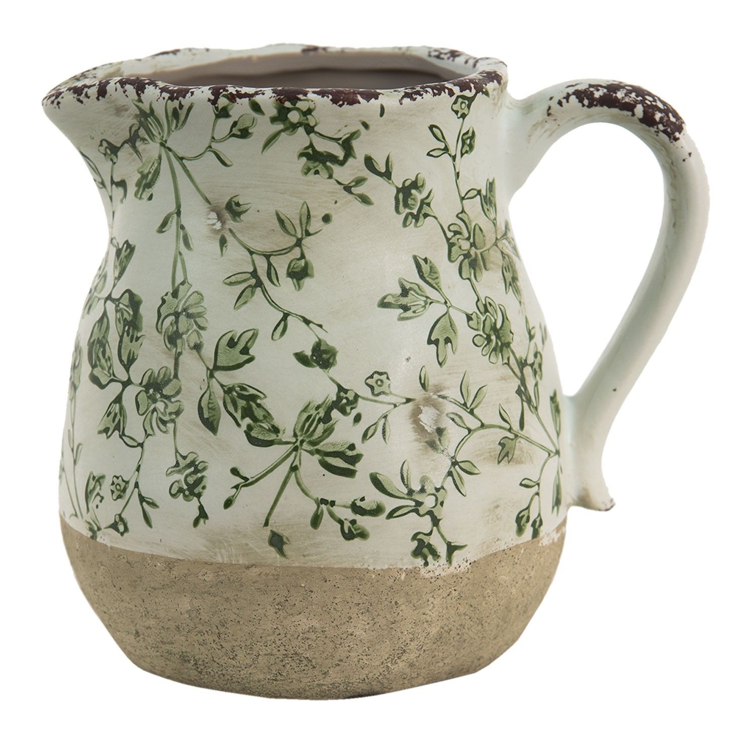 Keramický dekorační džbán se zelenými květy Jenia M - 16*13*15 cm Clayre & Eef - LaHome - vintage dekorace